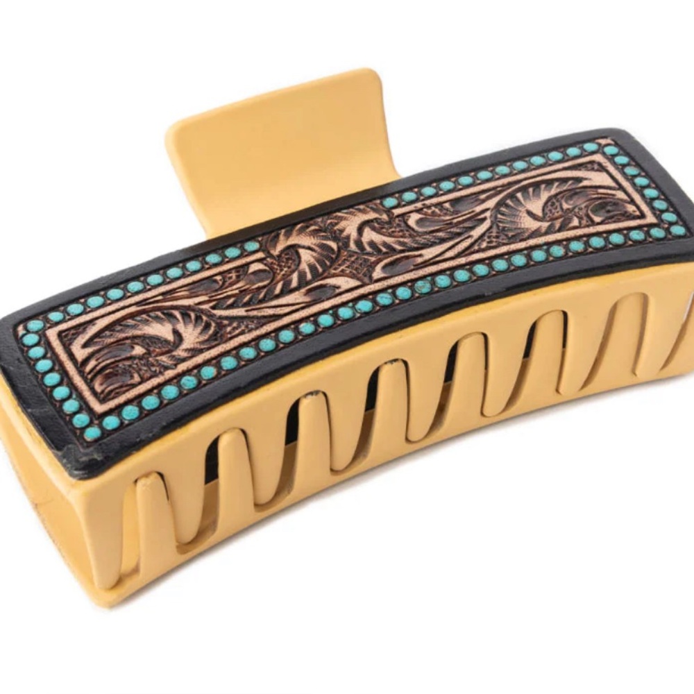 Myra Hair Large Comb Clip In Hand Tooled Leather accented in Yellow- NWT - Picture 2 of 4